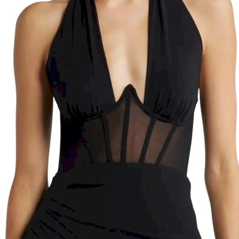 Never-Ending Glamour Black Mesh Cross-Front Halter Maxi Dress Size XS NWOT - Picture 10 of 13